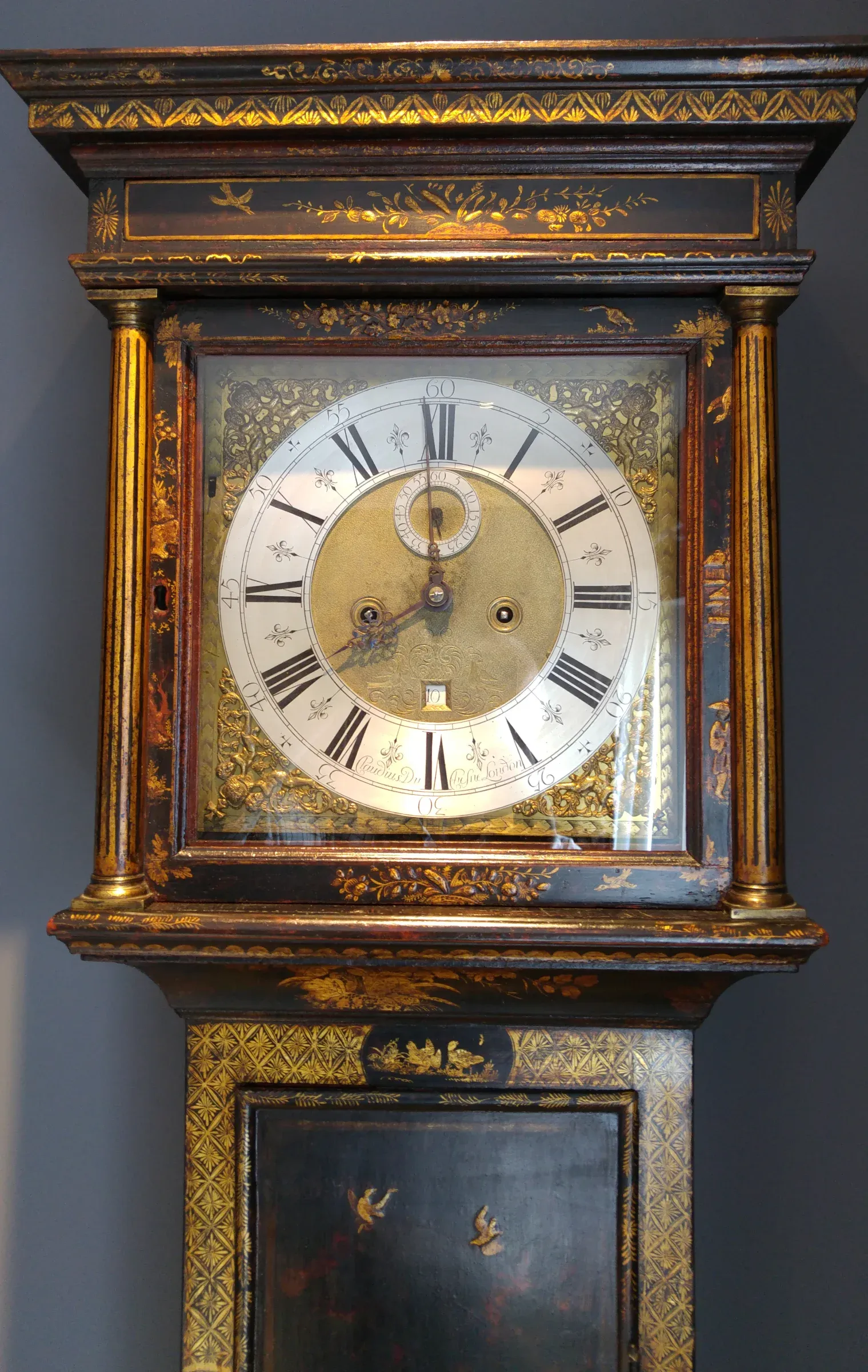 The Claude Du Chesne longcase clock hood after restoration